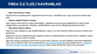 FMEA İLE İLGİLİ KAVRAMLAR
• Hata Türü (Failure mode) :
Ürünün/sürecin spesikasyonları sağlayamama durumudur. Genellikle kusur veya uyumsuzluk olarak kabul
edilir.
• Hatanın sebebi (Failure causes)
Hata Türüne neden olan bir imalat yetersizliğidir. Sebepler temel süreç girdi değişkenleri ile ilişkili imalat
değişkenliğinin kaynaklarıdır. Sebepler, düzeltilebilecek veya kontrol edilebilecek şekilde tanımlanır.
• Hata etkisi (Failure effect)
Hata türü önlenmediğinde veya düzeltilmediğinde, hatanın son ürün halindeki etkisi/ sonucunun belirlenmesi
aşamasıdır.
Müşterinin neyi fark edebileceği veya müşterinin başına ne gelebileceğinin tanımlanmasıdır. Müşteri, izleyen
operasyon veya son kullanıcı olabilir.
İlgili hata meydana geldiğinde performans üzerine etkisi, görünüş, ses gibi özellikleri üzerindeki değişiklikler
veya ürünün beklenen işlevi yerine getirememesi, ilgili yasal düzenlemeler karşısındaki durumu, müşteride
güvenlik/ emniyet açısından yaratacağı tehlikeler hatanın etkisi belirlenirken göz önüne alınmalıdır.
 