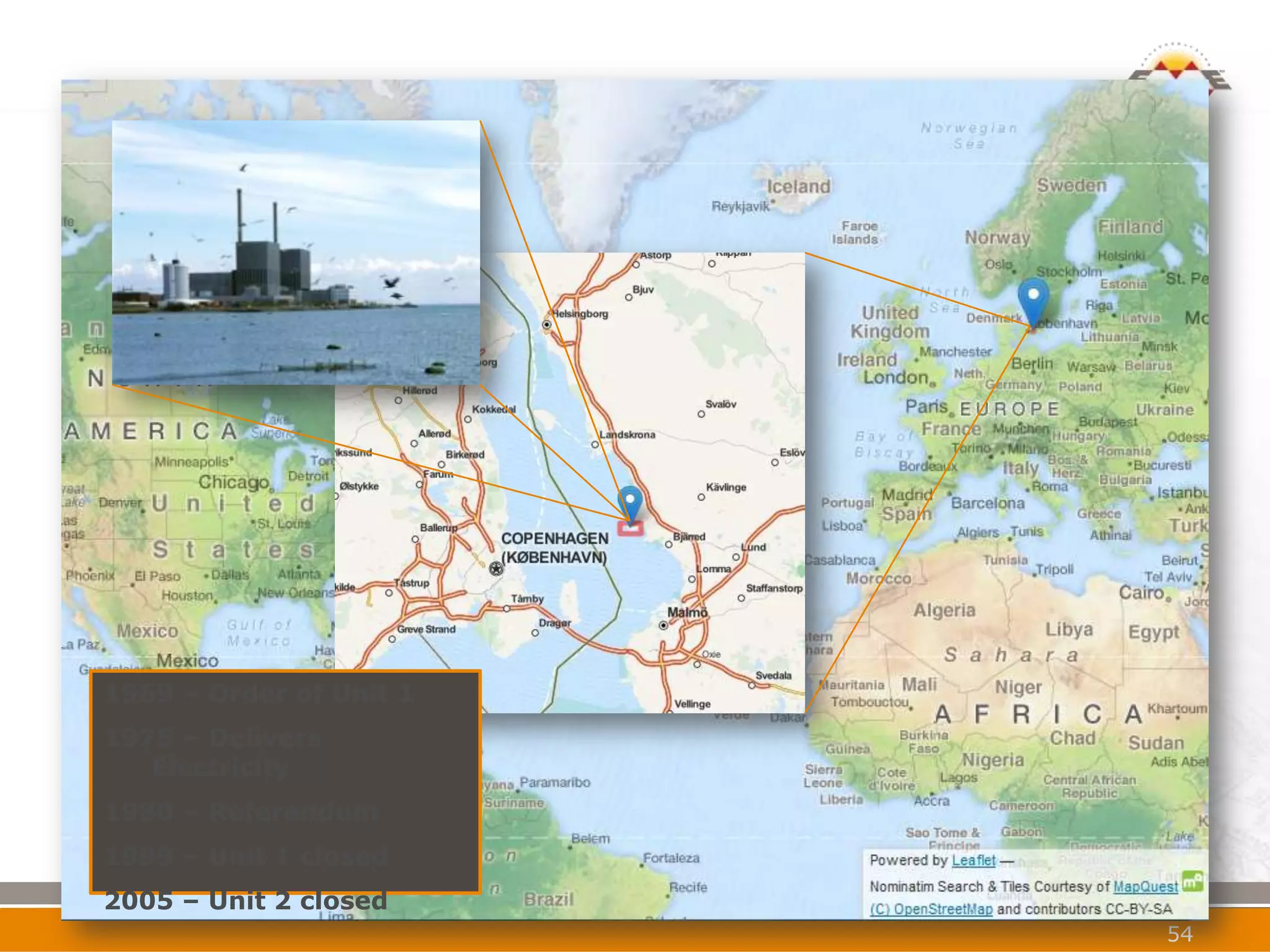 1969 – Order of Unit 1
1975 – Delivers
   Electricity
1980 – Referendum
1999 – Unit 1 closed
2005 – Unit 2 closed
                         54
 