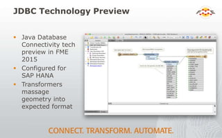 JDBC Technology Preview
 Java Database
Connectivity tech
preview in FME
2015
 Configured for
SAP HANA
 Transformers
massage
geometry into
expected format
 