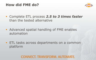 How did FME do?
 Complete ETL process 2.5 to 3 times faster
than the tested alternative
 Advanced spatial handling of FME enables
automation
 ETL tasks across departments on a common
platform
 