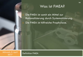 Was ist FMEA?
Definition FMEA
 Die FMEA ist somit ein Mittel zur
Rationalisierung durch Systematisierung.
 Die FMEA ist hilfreiche Prophylaxe.
Mittwoch, 5. April
2017
14
 