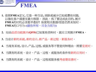 China Association For QualityChina Association For Quality
CQA – All Rights ReservedCQA – All Rights Reserved Donlim FMEA Training 6/10-6/12 , 2005
FMEA展开时机
1. 依照FMEA定义, 它是一种方法, 消除或减少已知或潛在问题,
以強化客户满意至最大极限。 因此，為了要达成此目的, 展开
FMEA的时机必须愈早愈好! 纵使相关数据/信息仍然未知时。
FMEA的口号为: (就你所有，尽全力而为)
2. 经由品质功能展开(QFD)已知某些资料时，就应立刻展开FMEA。
3. 当设计新的系統, 新的设计, 新产品，新过程，新服务时。
4. 当现有系统, 设计, 产品, 过程, 或服务等不管是何种理由，將要变更时。
5. 当既有的系统，设计，产品，过程，或服务的条件有新的应用时。
6. 当既有的系統，设计，产品，过程或服务被考虑要改善时。
 