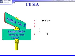 China Association For QualityChina Association For Quality
CQA – All Rights ReservedCQA – All Rights Reserved Donlim FMEA Training 6/10-6/12 , 2005
成立DFEMA小组
确定范围
功能描述
» 头脑风暴
» 功能树
实践练习1
FMEA No 2
FMEA No 2
Design FMEADesign FMEA
IntroductionIntroduction
设计设计FMEAFMEA的简介的简介
设计FEMA篇
 