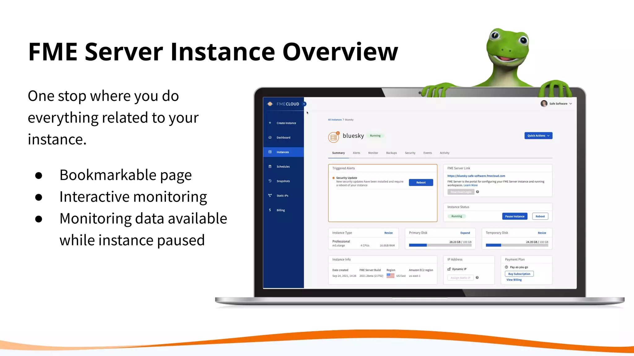 FME Server Instance Overview
One stop where you do
everything related to your
instance.
● Bookmarkable page
● Interactive monitoring
● Monitoring data available
while instance paused
 