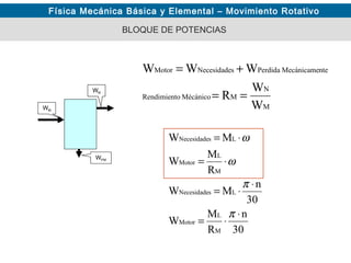 Física Mecánica Básica y Elemental – Movimiento Rotativo
BLOQUE DE POTENCIAS
WM
WN
WPM
WN
M
N
MMécánicooRendimient
nteMecánicamePerdidasNecesidadeMotor
W
W
R
WWW
==
+=
30
n
R
M
W
30
n
MW
R
M
W
MW
M
L
Motor
LsNecesidade
M
L
Motor
LsNecesidade
⋅
⋅=
⋅
⋅=
⋅=
⋅=
π
π
ω
ω
 