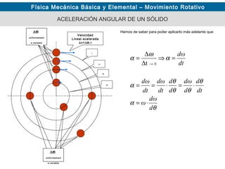 Física Mecánica Básica y Elemental – Movimiento Rotativo
ACELERACIÓN ANGULAR DE UN SÓLIDO
Hemos de saber para poder aplicarlo más adelante que:
θ
α
θ
θθ
θ
α
α
ω
α
d
dω
ω
dt
d
d
dω
d
d
dt
dω
dt
dω
dt
dω
⋅=
⋅=⋅==
=⇒
∆
∆
=
→ 0t
Velocidad
Lineal acelerada
∆v=∆ϖ.r
r
r1
r2
r3
∆ϖ
uniformement
e variable
∆ϖ
uniformement
e variable
 