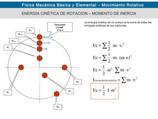 Física Mecánica Básica y Elemental – Movimiento Rotativo
ENERGÍA CINÉTICA DE ROTACION – MOMENTO DE INERCIA
La energía cinética de un cuerpo es la suma de todas las
energías cinéticas de sus partículas
2
2
iiinercia)de(momento
2
ii
2
2
ii
2
ii
I
2
1
Ec
rmI
rm
2
1
Ec
)r(m
2
1
Ec
vm
2
1
Ec
ω
ω
ω
⋅⋅=
⋅=
⋅⋅⋅=
⋅⋅⋅=
⋅⋅=
∑
∑
∑
∑
Velocidad
Lineal
v=ω.rmn
m1
m2
m3
m4
mi
mi+1
mi+2
 