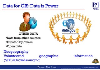 OTHER DATA
© 2016 PIXEL SOFTEK PVT. LTD.Perform. Xcel. Lead. 16The Trademarks/Logos belong to the respective companies
OTHER DATA
Data from other sources
Created by others
Open data
Neogeography
Volunteered geographic information
(VGI)/Crowdsourcing
 