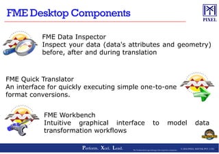 FME Data Inspector
Inspect your data (data's attributes and geometry)
before, after and during translation
FME Quick Translator
© 2016 PIXEL SOFTEK PVT. LTD.Perform. Xcel. Lead. 39The Trademarks/Logos belong to the respective companies
FME Workbench
Intuitive graphical interface to model data
transformation workflows
FME Quick Translator
An interface for quickly executing simple one-to-one
format conversions.
 
