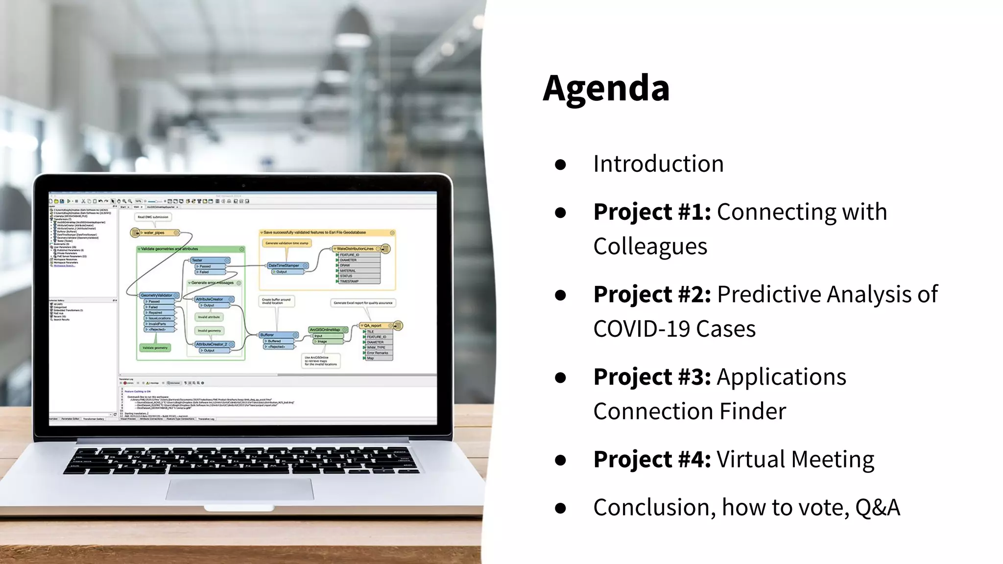Agenda
● Introduction
● Project #1: Connecting with
Colleagues
● Project #2: Predictive Analysis of
COVID-19 Cases
● Project #3: Applications
Connection Finder
● Project #4: Virtual Meeting
● Conclusion, how to vote, Q&A
 