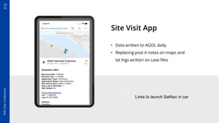 20
22
FME
User
Conference
Site Visit App
• Data written to AGOL daily
• Replacing post it notes on maps and
lat lngs written on case ﬁles
Links to launch SatNav in car
 
