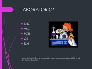 LABORATORIO*
 BHC
 VSG
 PCR
 QS
 TSH
Longo DL, Fauci AS, et al. Harrison’s Principles of Internal Medicine. 2012. 18 ed.
Ch. 335. Mc Graw Hill.
 