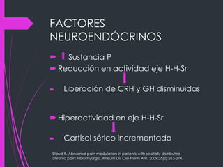 FACTORES
NEUROENDÓCRINOS
 Sustancia P
 Reducción en actividad eje H-H-Sr
 Liberación de CRH y GH disminuidas
 Hiperactividad en eje H-H-Sr
 Cortisol sérico incrementado
Staud R. Abnormal pain modulation in patients with spatially distributed
chronic pain: Fibromyalgia. Rheum Dis Clin North Am. 2009;35(2):263-274.
 