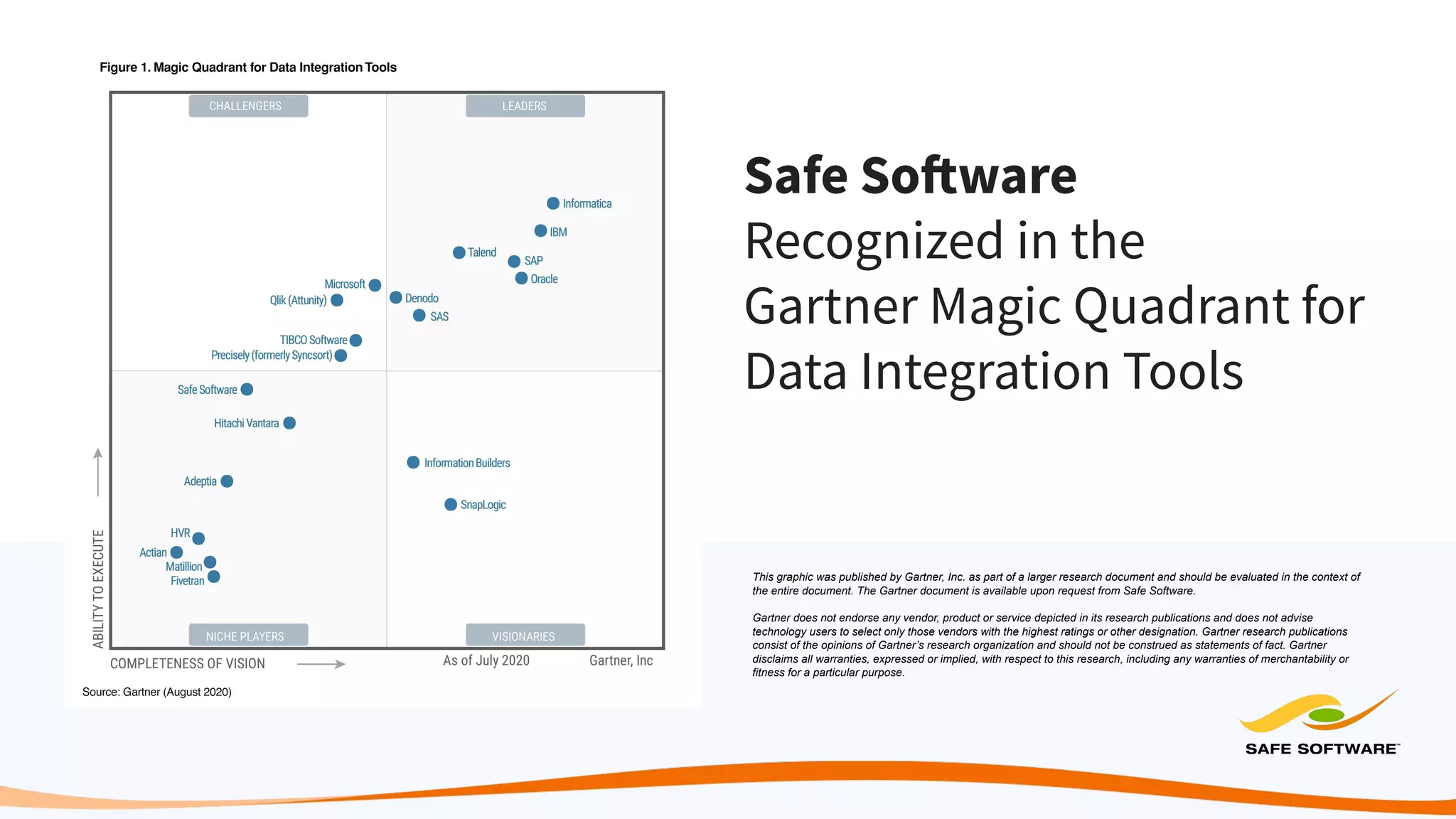 This graphic was published by Gartner, Inc. as part of a larger research document and should be evaluated in the context of
the entire document. The Gartner document is available upon request from Safe Software.
Gartner does not endorse any vendor, product or service depicted in its research publications and does not advise
technology users to select only those vendors with the highest ratings or other designation. Gartner research publications
consist of the opinions of Gartner’s research organization and should not be construed as statements of fact. Gartner
disclaims all warranties, expressed or implied, with respect to this research, including any warranties of merchantability or
fitness for a particular purpose.
Safe Software
Recognized in the
Gartner Magic Quadrant for
Data Integration Tools
 