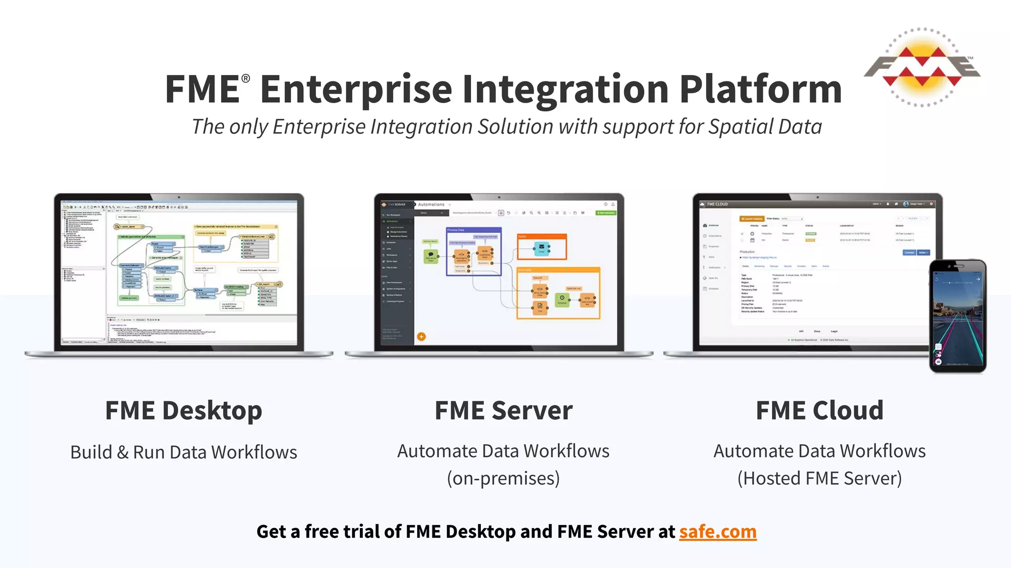 FME®
Enterprise Integration Platform
The only Enterprise Integration Solution with support for Spatial Data
FME Desktop FME Server FME Cloud
Build & Run Data Workflows Automate Data Workflows
(on-premises)
Automate Data Workflows
(Hosted FME Server)
Get a free trial of FME Desktop and FME Server at safe.com
 