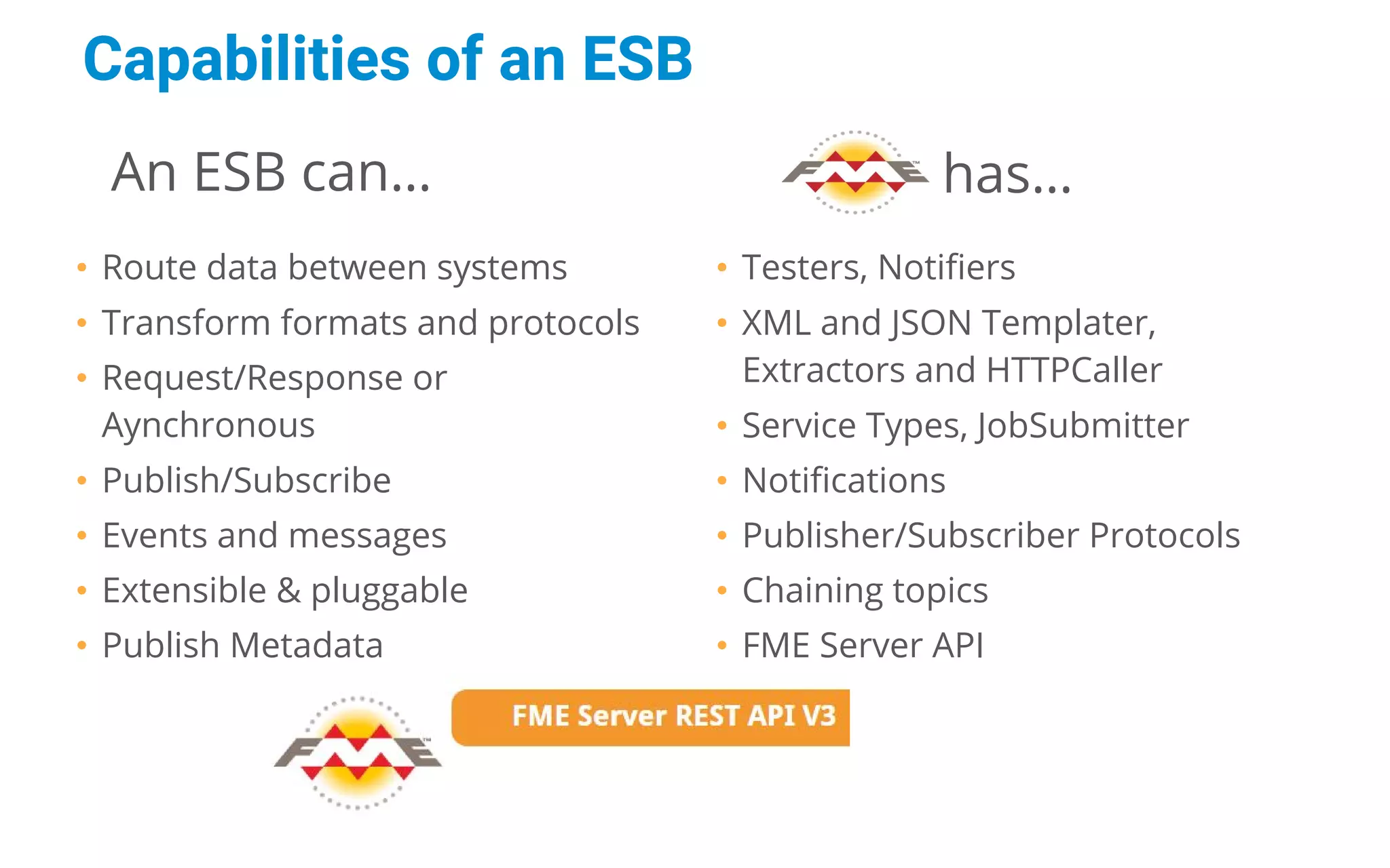 • Route data between systems
• Transform formats and protocols
• Request/Response or
Aynchronous
• Publish/Subscribe
• Events and messages
• Extensible & pluggable
• Publish Metadata
• Testers, Notifiers
• XML and JSON Templater,
Extractors and HTTPCaller
• Service Types, JobSubmitter
• Notifications
• Publisher/Subscriber Protocols
• Chaining topics
• FME Server API
An ESB can… has…
Capabilities of an ESB
 