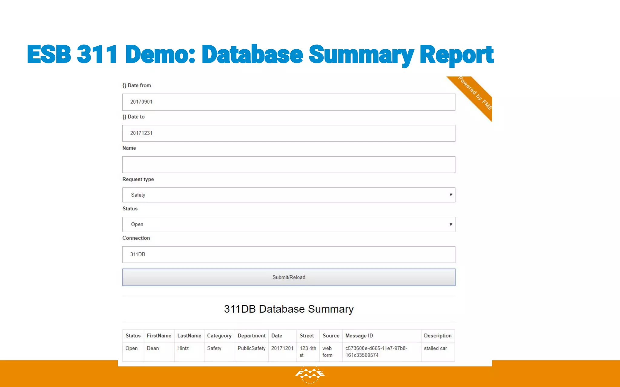 ESB 311 Demo: Database Summary Report
 