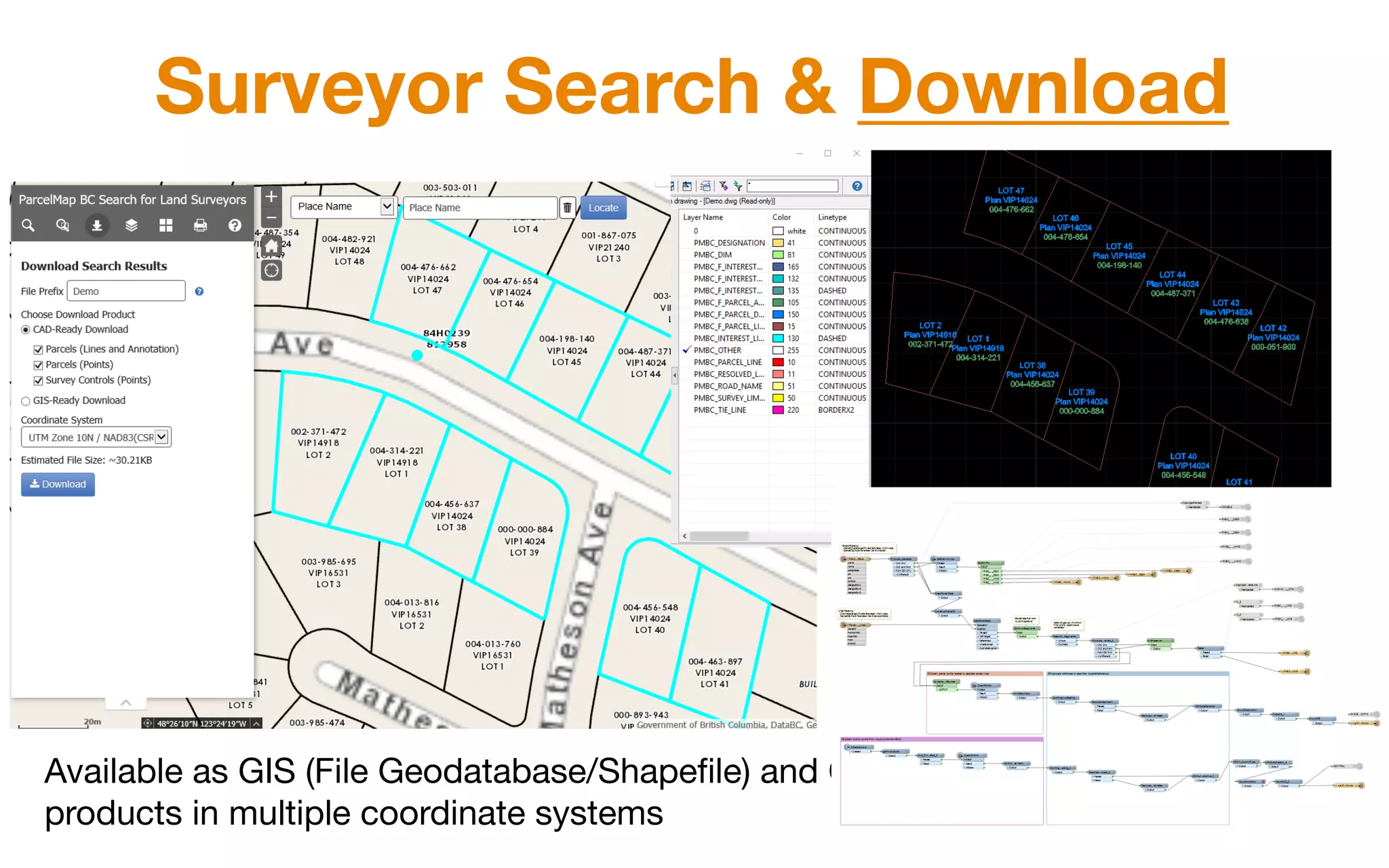 Surveyor Search & Download
Available as GIS (File Geodatabase/Shapefile) and CAD
products in multiple coordinate systems
 
