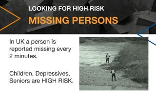 MISSING PERSONS
In UK a person is
reported missing every
2 minutes.
Children, Depressives,
Seniors are HIGH RISK.
LOOKING ...
