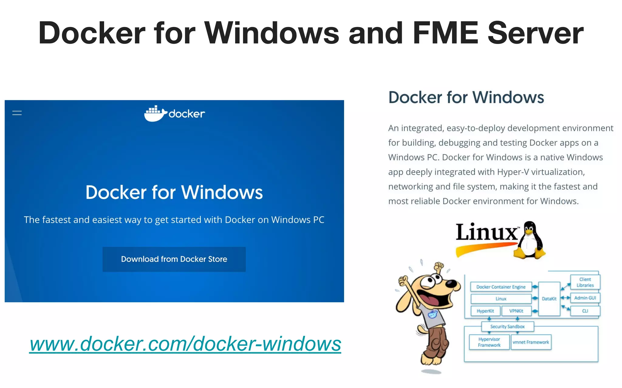 Docker for Windows and FME Server
www.docker.com/docker-windows
 