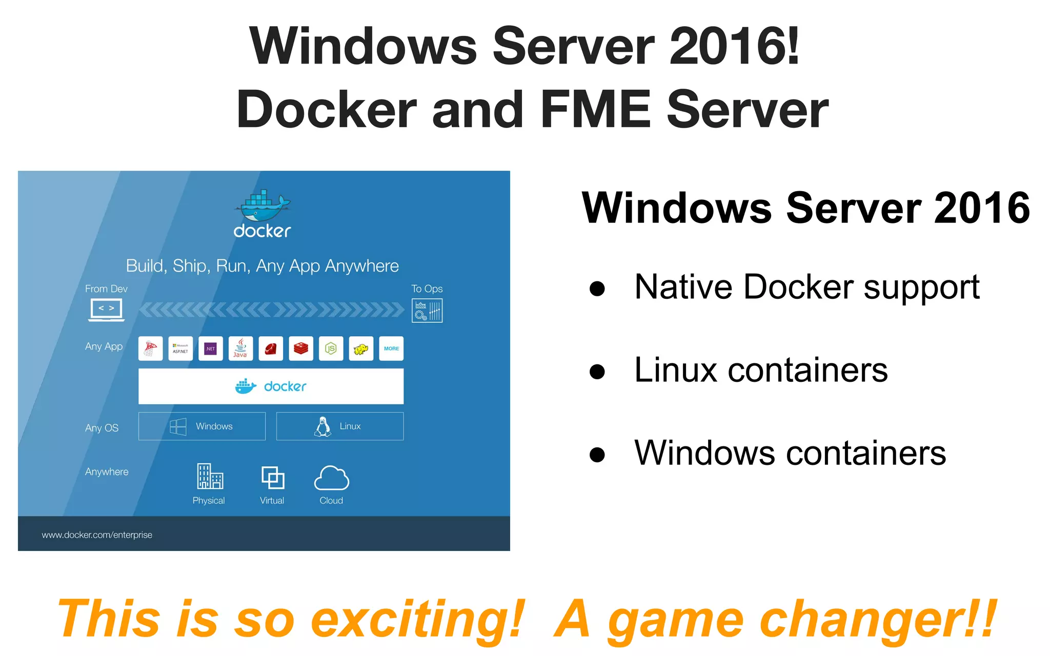 Windows Server 2016!
Docker and FME Server
Windows Server 2016
● Native Docker support
● Linux containers
● Windows containers
This is so exciting! A game changer!!
 