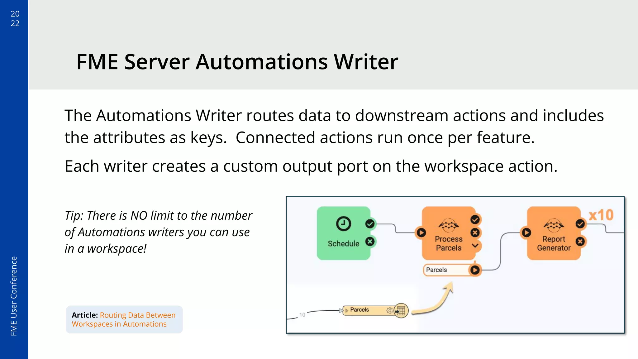 20
22
FME
User
Conference
FME Server Automations Writer
The Automations Writer routes data to downstream actions and includes
the attributes as keys. Connected actions run once per feature.
Each writer creates a custom output port on the workspace action.
Tip: There is NO limit to the number
of Automations writers you can use
in a workspace!
Article: Routing Data Between
Workspaces in Automations
 