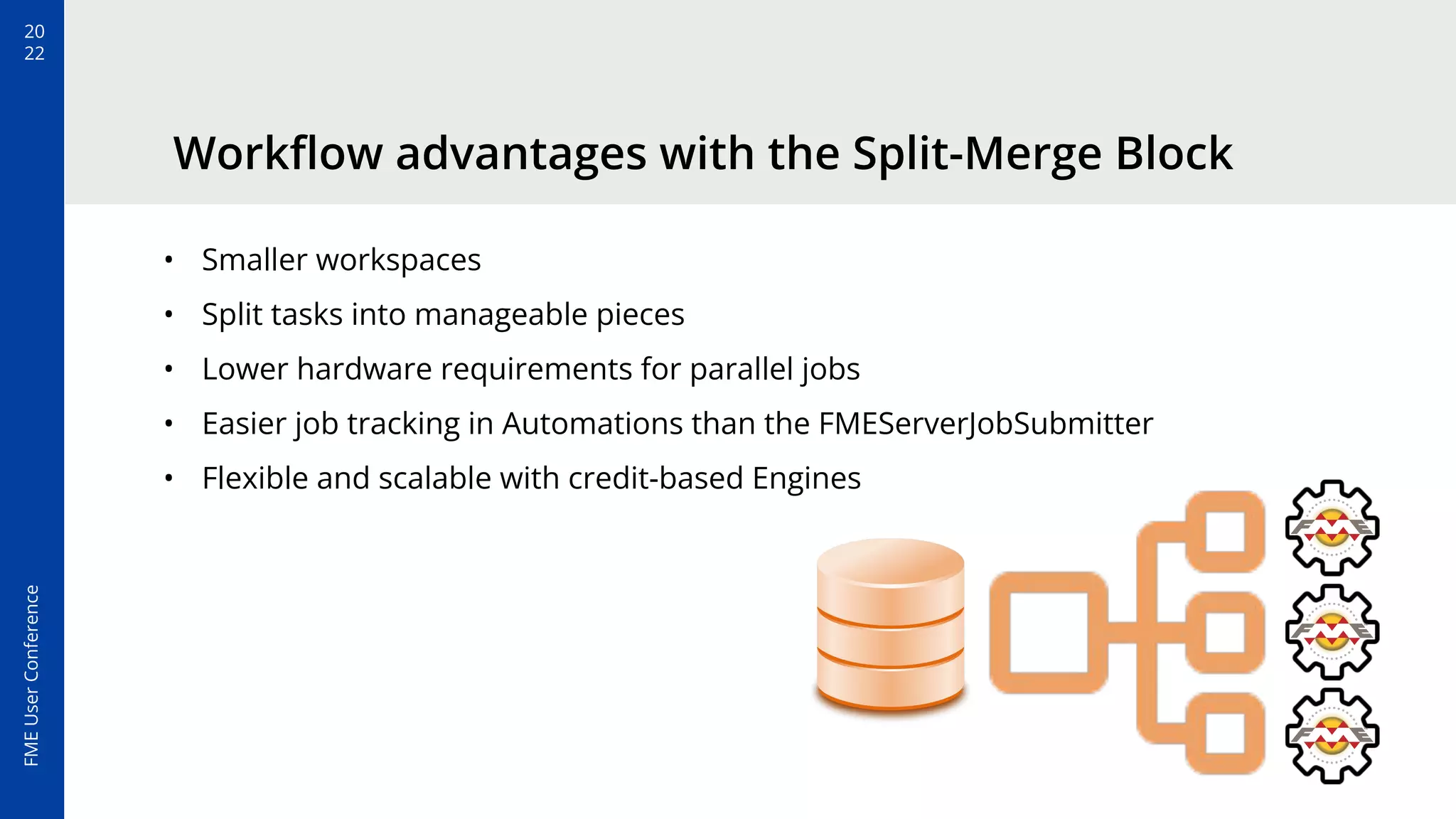 20
22
FME
User
Conference
• Smaller workspaces
• Split tasks into manageable pieces
• Lower hardware requirements for parallel jobs
• Easier job tracking in Automations than the FMEServerJobSubmitter
• Flexible and scalable with credit-based Engines
Workﬂow advantages with the Split-Merge Block
 
