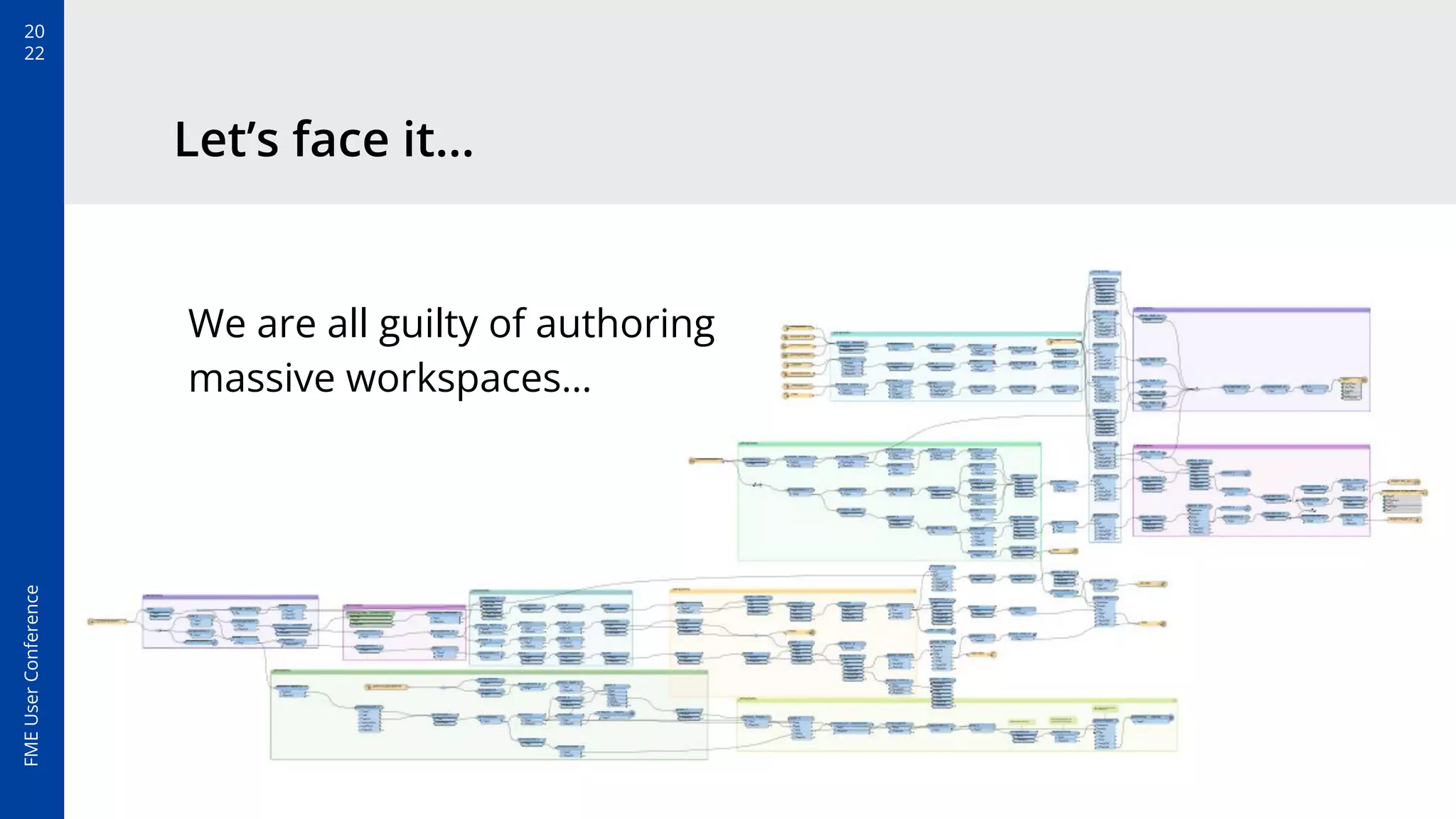20
22
FME
User
Conference
Let’s face it…
We are all guilty of authoring
massive workspaces…
 