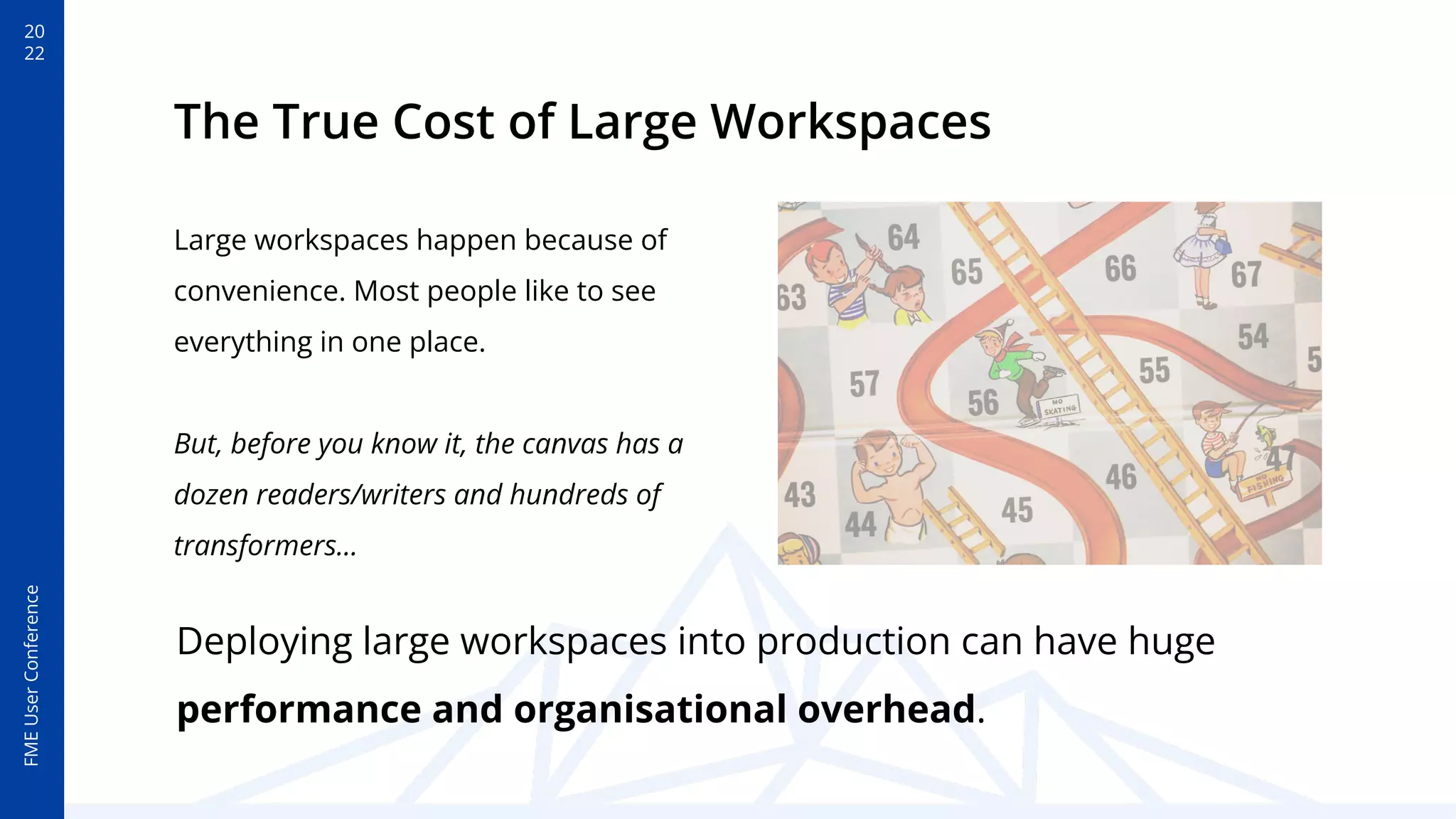 20
22
FME
User
Conference
The True Cost of Large Workspaces
Large workspaces happen because of
convenience. Most people like to see
everything in one place.
But, before you know it, the canvas has a
dozen readers/writers and hundreds of
transformers…
Deploying large workspaces into production can have huge
performance and organisational overhead.
 