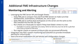 20
22
FME
User
Conference
Additional FME Infrastructure Changes
Monitoring and Alerting
o Leveraging the FME Server API an...