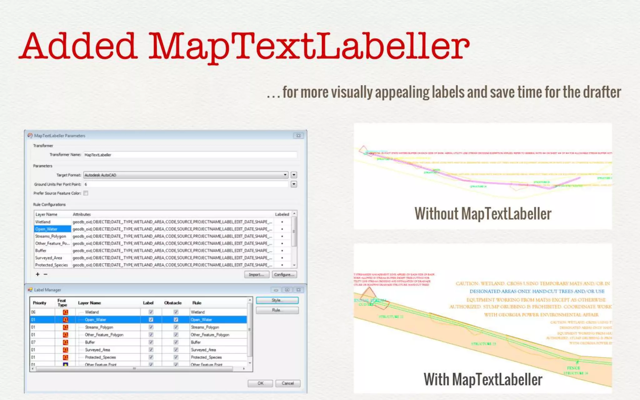 Added MapTextLabeller… 
for more visually appealing labels and save time for the drafter 
Without MapTextLabeller 
With MapTextLabeller 
CONNECT. TRANSFORM. AUTOMATE. 
 