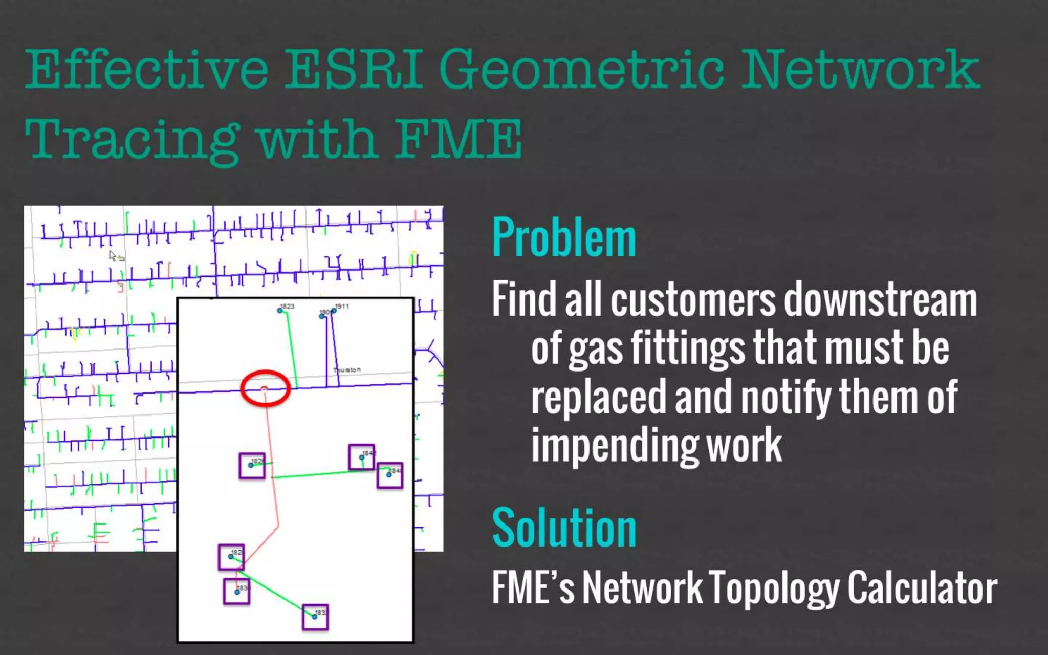 Effective ESRI Geometric Network 
Tracing with FME 
Problem 
Find all customers downstream of 
gas fittings that must be 
replaced and notify them of 
impending work 
Solution 
FME’s Network Topology Calculator 
 