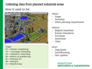 Collecting data from planned industrial areas
What?
- Stages
- Geometry
- Urban planning requirements
Where?
- Belgisch Staatsblad
- Ruimte Vlaanderen
- Provincies
- Gemeenten
- Other
How?
- Copy/paste
- Georeferencing
- User updates
How it used to be:
Stages:
PV = Plenaire vergadering
VV = Voorlopige vaststelling
DV = Definitieve vaststelling
BG = Besluit tot goedkeuring
BS = Publicatie B.S.
NA = Natraject
SC = Planschorsing
 