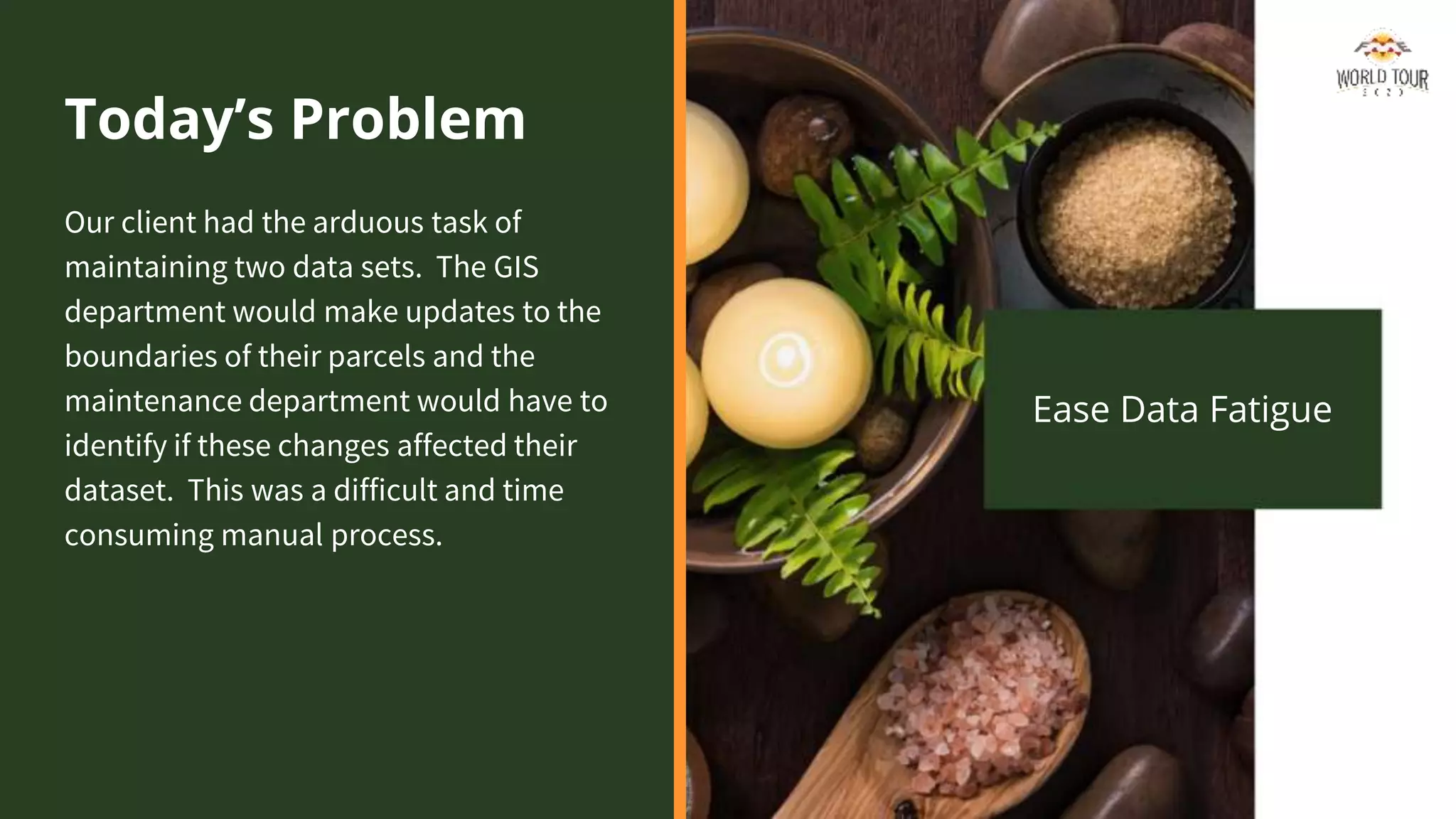 Today’s Problem
Our client had the arduous task of
maintaining two data sets. The GIS
department would make updates to the
boundaries of their parcels and the
maintenance department would have to
identify if these changes affected their
dataset. This was a difficult and time
consuming manual process.
Ease Data Fatigue
 