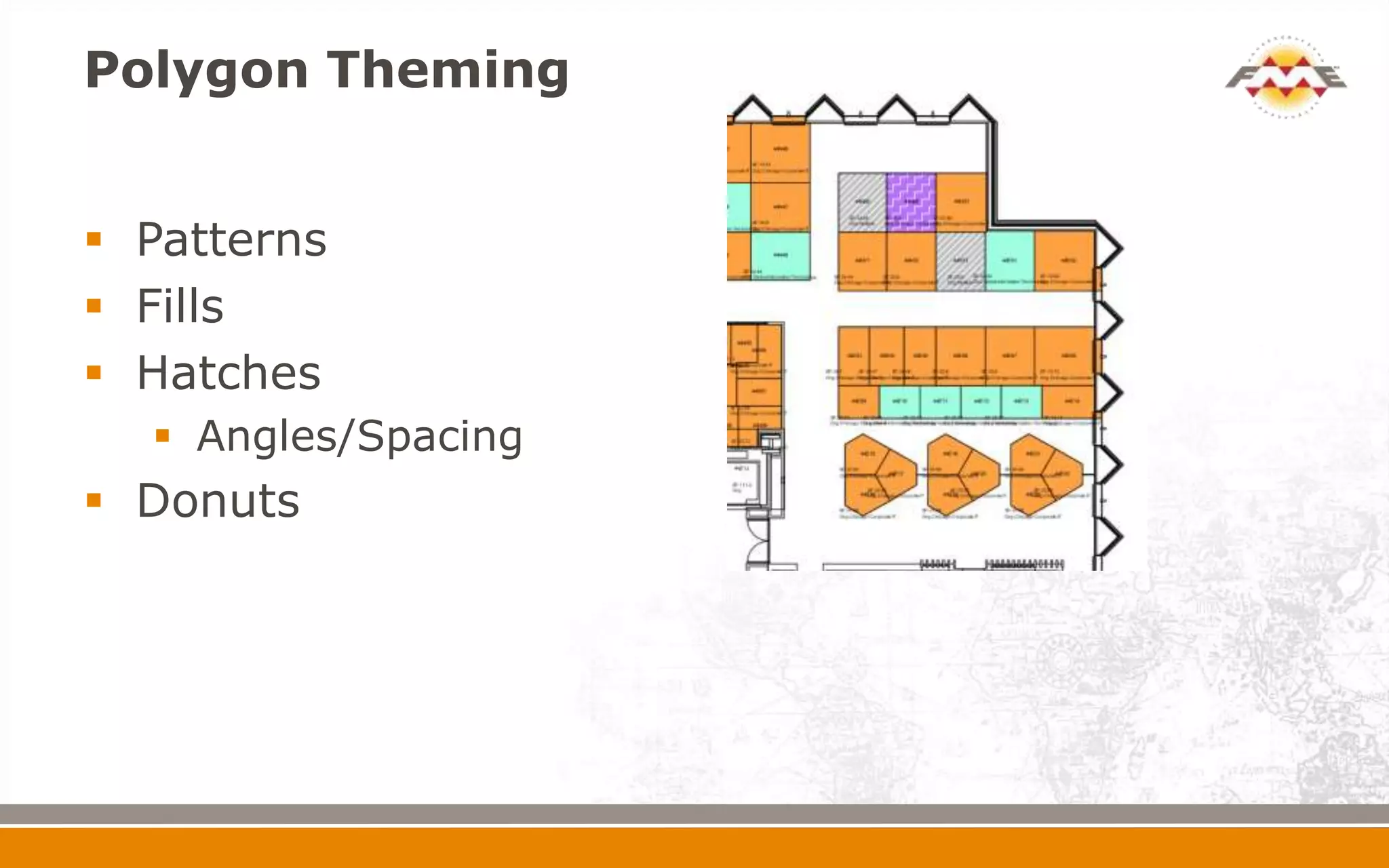 Polygon Theming
 Patterns
 Fills
 Hatches
 Angles/Spacing
 Donuts
 