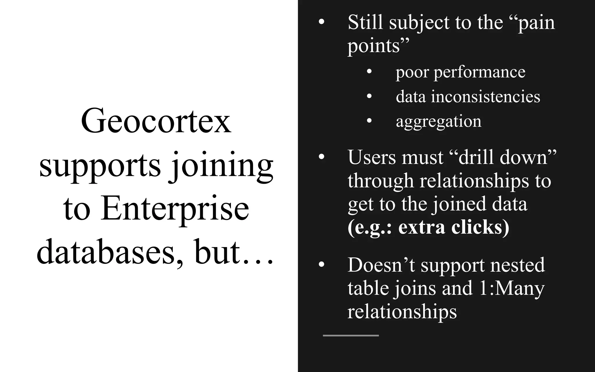 Geocortex
supports joining
to Enterprise
databases, but…
• Still subject to the “pain
points”
• poor performance
• data inconsistencies
• aggregation
• Users must “drill down”
through relationships to
get to the joined data
(e.g.: extra clicks)
• Doesn’t support nested
table joins and 1:Many
relationships
 