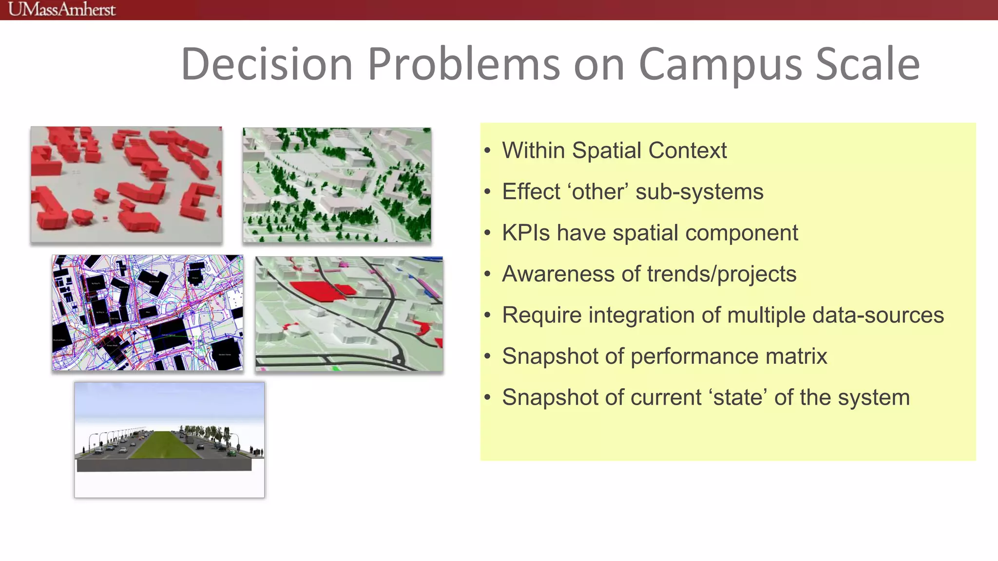 Decision Problems on Campus Scale
• Within Spatial Context
• Effect ‘other’ sub-systems
• KPIs have spatial component
• Awareness of trends/projects
• Require integration of multiple data-sources
• Snapshot of performance matrix
• Snapshot of current ‘state’ of the system
 