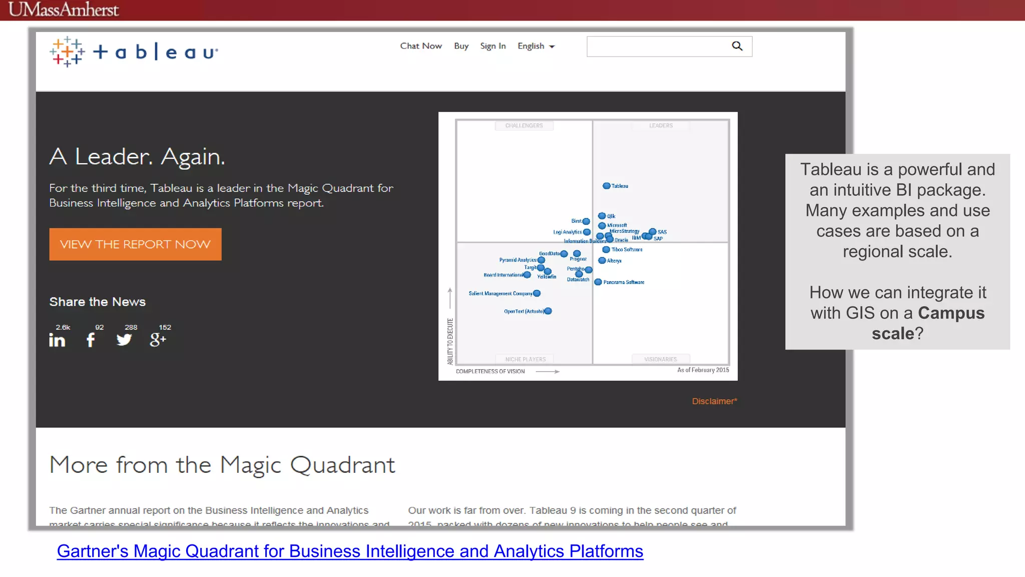 Gartner's Magic Quadrant for Business Intelligence and Analytics Platforms
Tableau is a powerful and
an intuitive BI package.
Many examples and use
cases are based on a
regional scale.
How we can integrate it
with GIS on a Campus
scale?
 