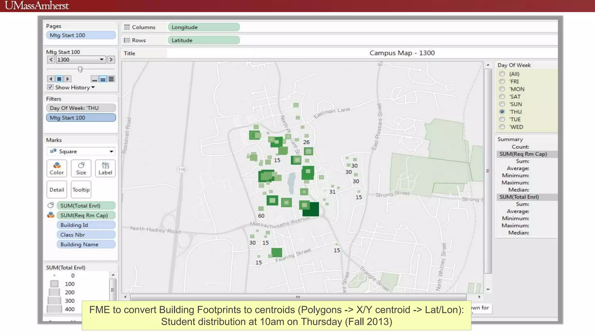 FME to convert Building Footprints to centroids (Polygons -> X/Y centroid -> Lat/Lon):
Student distribution at 10am on Thursday (Fall 2013)
 