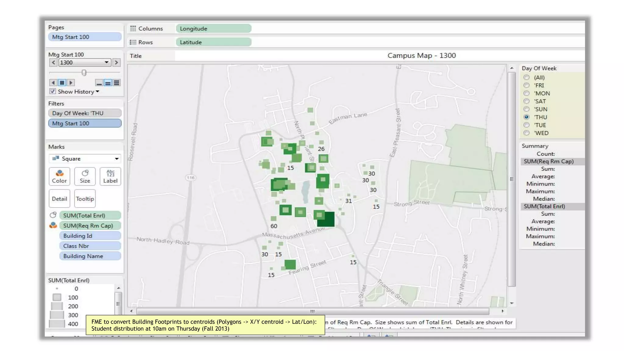 FME to convert Building Footprints to centroids (Polygons -> X/Y centroid -> Lat/Lon):
Student distribution at 10am on Thursday (Fall 2013)
 