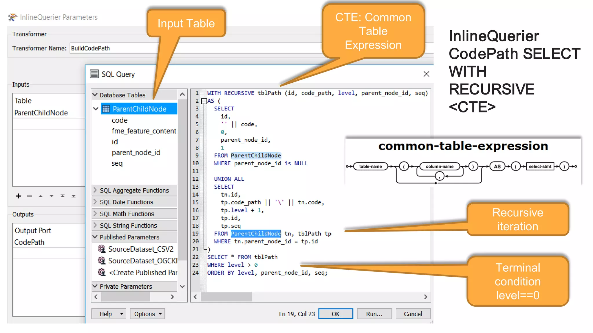 InlineQuerier
CodePath SELECT
WITH
RECURSIVE
<CTE>
CTE: Common
Table
Expression
Input Table
Recursive
iteration
Terminal
condition
level==0
 