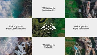 FME is good for
Broad User Skill Levels
FME is good for
Maintainability
FME is good for
Portability
FME is good for
Rapid Modification
 