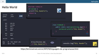 2021.1 Python: Por Onde Começar e Quais Suas Aplicações? 35
Aplicações
4
https://terminalroot.com.br/2019/10/linguagem-de-programacao.html
Hello World
 