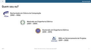 2021.1 Python: Por Onde Começar e Quais Suas Aplicações? 5
Quem sou eu?
Apresentação
1
Bacharelado em Ciência da Computação
(2002 – 2006)
Mestrado em Engenharia Elétrica
(2007 – 2009)
Doutorado em Engenharia Elétrica
(2010 – 2015)
MBA em Gerenciamento de Projetos
(2019 – 2020)
 