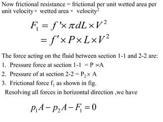 Now frictional resistance = frictional per unit wetted area per
unit velocity wetted area velocity2
The force acting on the fluid between section 1-1 and 2-2 are:
1. Pressure force at section 1-1 = P A
2. Pressure of at section 2-2 = P2 A
3. Frictional force f1 as shown in fig.
Resolving all forces in horizontal direction ,we have
 
2
1 'F f dL V  


1 2 1 0p A p A F  
2
f P L V   
 