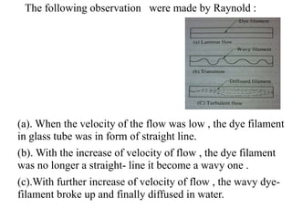 The following observation were made by Raynold :
(a). When the velocity of the flow was low , the dye filament
in glass tube was in form of straight line.
(b). With the increase of velocity of flow , the dye filament
was no longer a straight- line it become a wavy one .
(c).With further increase of velocity of flow , the wavy dye-
filament broke up and finally diffused in water.
 