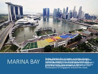 Today, Marina Bay includes a variety of uses, 
including commercial, residential, hotel and 
entertainment. This ensures it remains a vibrant 
centerpiece of Singapore around the clock. 
It allowed for the seamless extension of the 
central Business district and supports Singapore’s 
growth as a global business and financial hub. 
MARINA BAY The Marina Bay area was reclaimed during the 
1970s and 1980s in anticipation of the need to 
grow the city center in the future. 
 