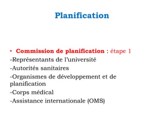 Planification

• Commission de planification : étape 1
-Représentants de l’université
-Autorités sanitaires
-Organismes de développement et de
planification
-Corps médical
-Assistance internationale (OMS)

 