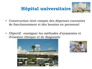 Hôpital universitaire
• Construction tient compte des dépenses courantes
de fonctionnement et des besoins en personnel
• Objectif: enseigner les méthodes d’anamnèse et
d’examen clinique et de diagnostic

 