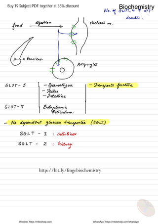 No .
of GLUT .
4 4 dlt
insulin .
skeletal m .
=food
K¥4as> Pancreas .
g)
( )
@Adipocyces
GLUT - 5 -
Spermatozoa
-
Transports fructose
-
Testes
-
Intestine
GLUT -
7
Endoplasmic
Reticulum
- Na
dependent glucose transporter ( SGLT
)
SGLT -
1 : intestines
SGLT -
2 :
kidney
Website: https://mbbshelp.com WhatsApp: https://mbbshelp.com/whatsapp
Biochemistry
http://bit.ly/fmgebiochemistry
Buy 19 Subject PDF together at 35% discount
 